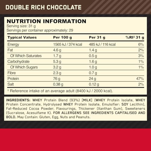 Optimum Nutrition Gold Standard Whey Protein, Muscle Building Powder with Naturally Occurring Glutamine and Amino Acids, Double Rich Chocolate, 29 Servings, 899 g, Packaging May Vary