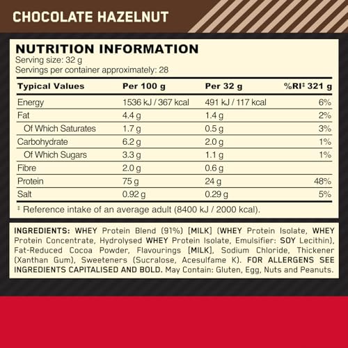 Optimum Nutrition Gold Standard Whey Protein, Muscle Building Powder with Naturally Occurring Glutamine and Amino Acids, Double Rich Chocolate, 29 Servings, 899 g, Packaging May Vary