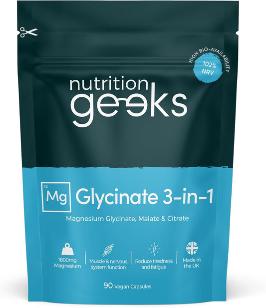 Magnesium Glycinate 3-in-1 Complex - 1800mg Supplements as Bisglycinate, Citrate & Malate 90 Vegan Capsules, Triple High Absorption 384mg Elemental, UK Made