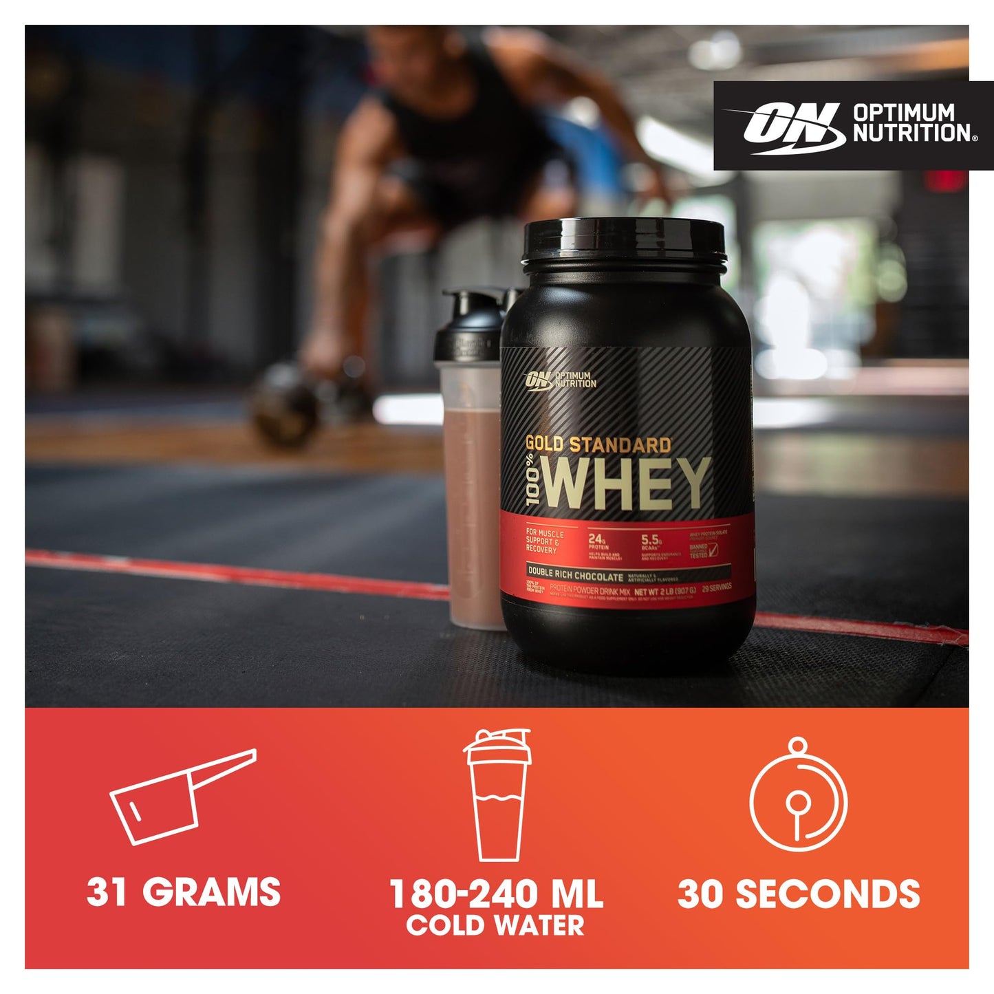 Optimum Nutrition Gold Standard Whey Protein, Muscle Building Powder with Naturally Occurring Glutamine and Amino Acids, Double Rich Chocolate, 29 Servings, 899 g, Packaging May Vary